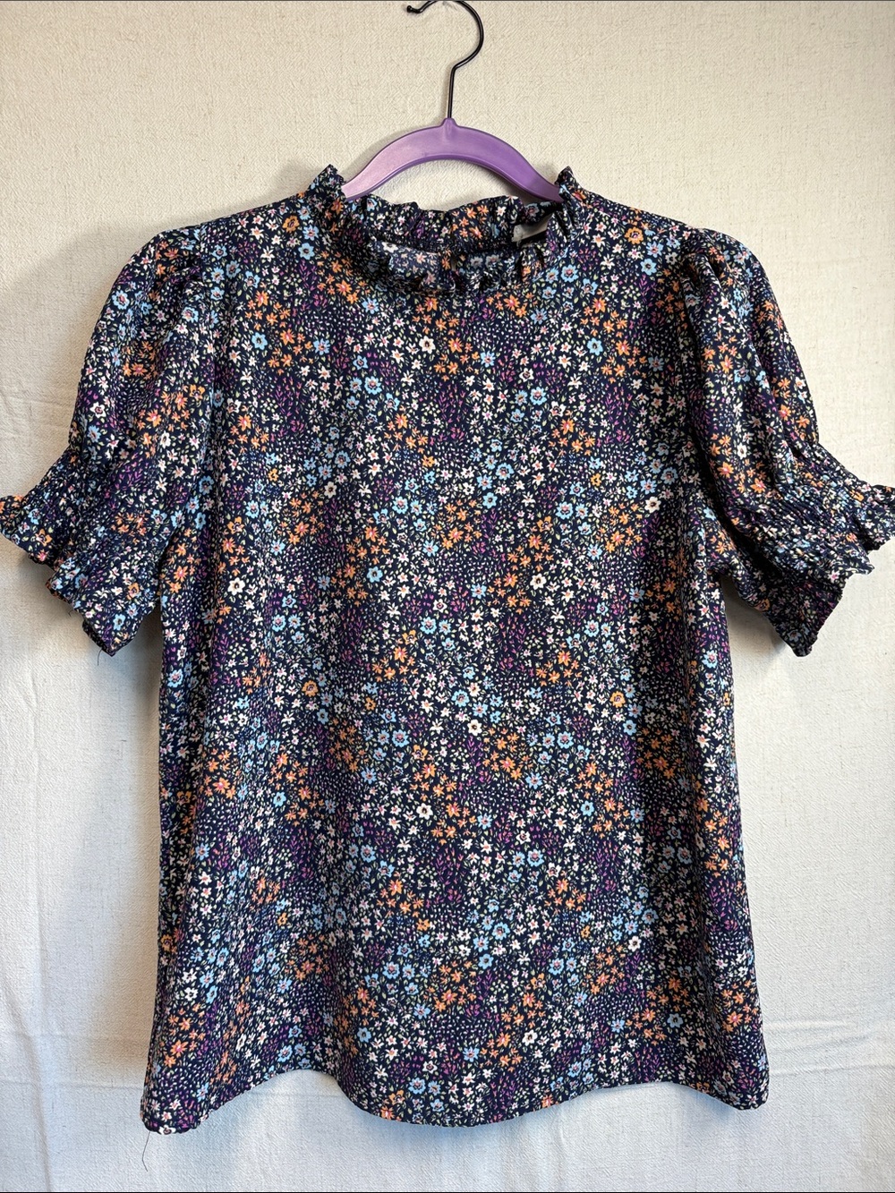Floral Mock Neck Blouse in Navy with Purple & Orange Accents